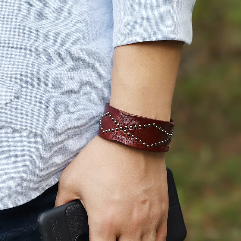 Bracelet Jewelry VOQ Punk Style Retro Design Genuine Leather Wide Wristband Rivet Collocation Button Unisex