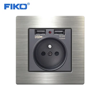

FIKO 16A France dual USB Electrical Outlet Household rocker switch With wall power socket stainless steel panel