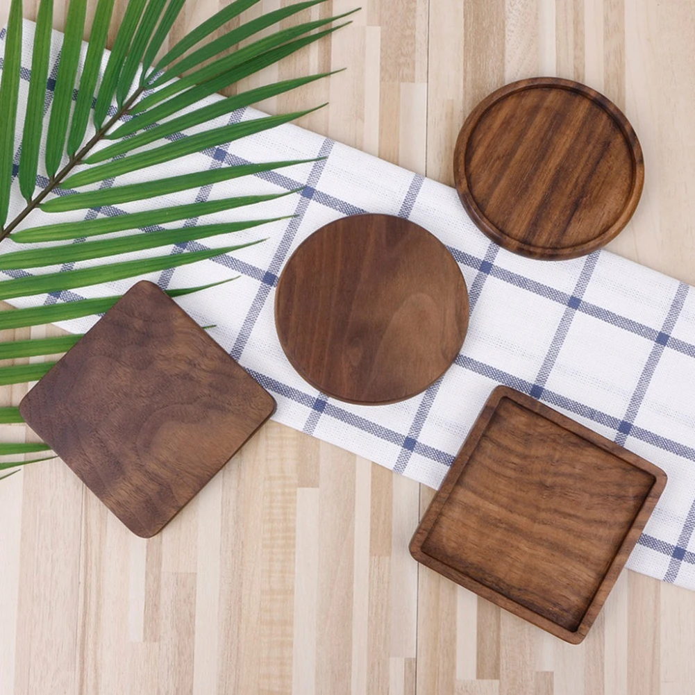 

1PC Beech Black Walnut Wood Coaster Retro Insulation Cup Mat Household Square Round CoasterB --