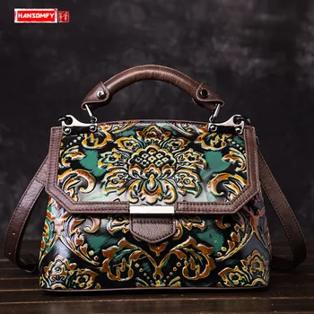 

HANSOMFY Women's Handbags Genuine Leather Fashion Trend Female Shoulder Bags Retro Embossed Hand-painted Messenger Bag