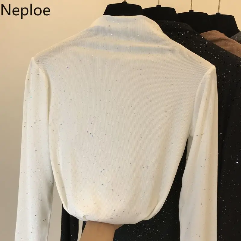Neploe, осенне-Весенняя новая Приталенная футболка с высоким воротником и длинным рукавом, вязаные топы, расшитые блестками, мягкий однотонный топ 47522