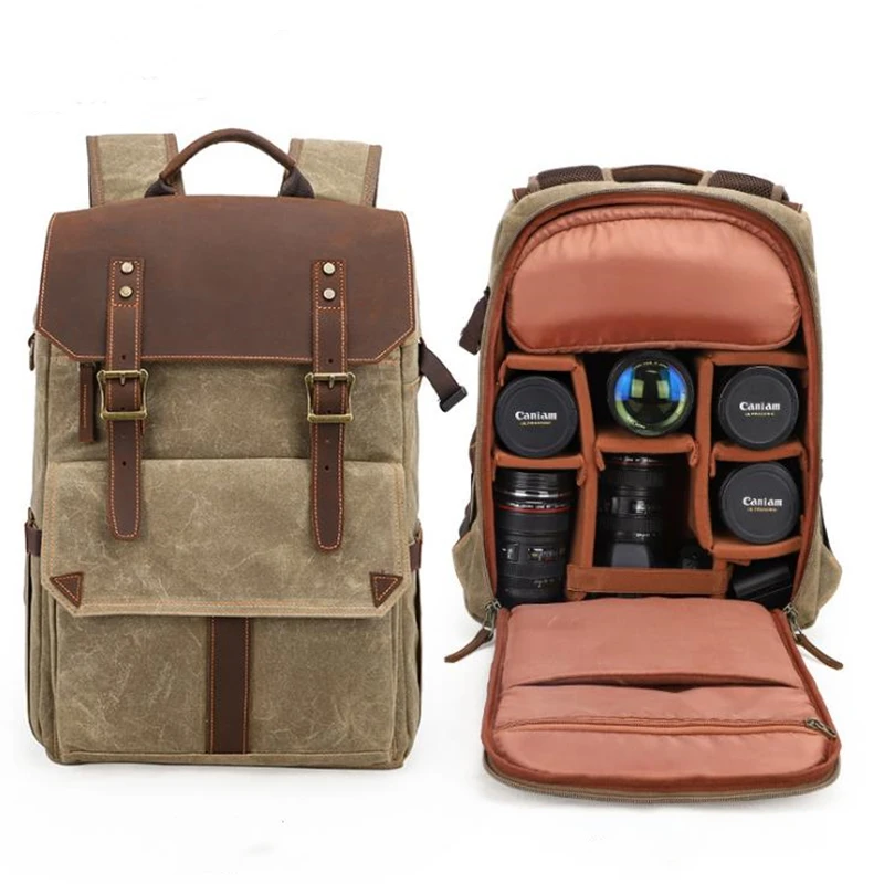 

2019 New Camera Bag Camera SLR Shoulder Photography Backpack Waterproof Large Capacity Wax Dye Canvas Backpack Outdoor Bag