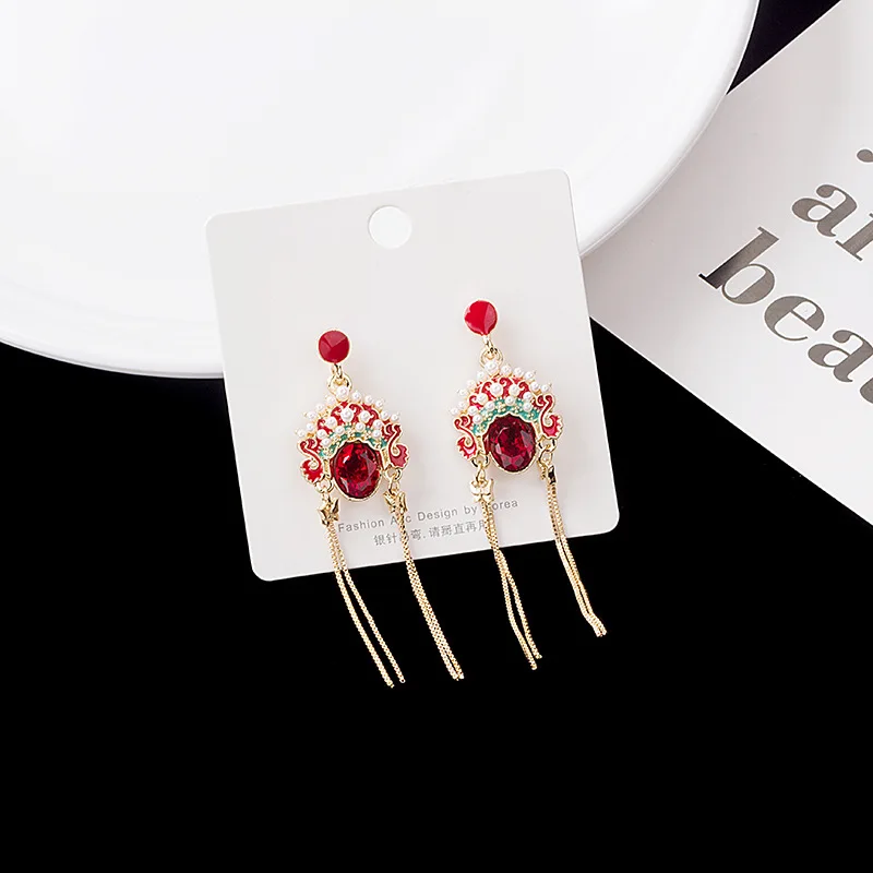 

retro tassel earrings Chinese style Peking Opera mask crystal zircon mask dao ma Dan drop earrings fine jewelry