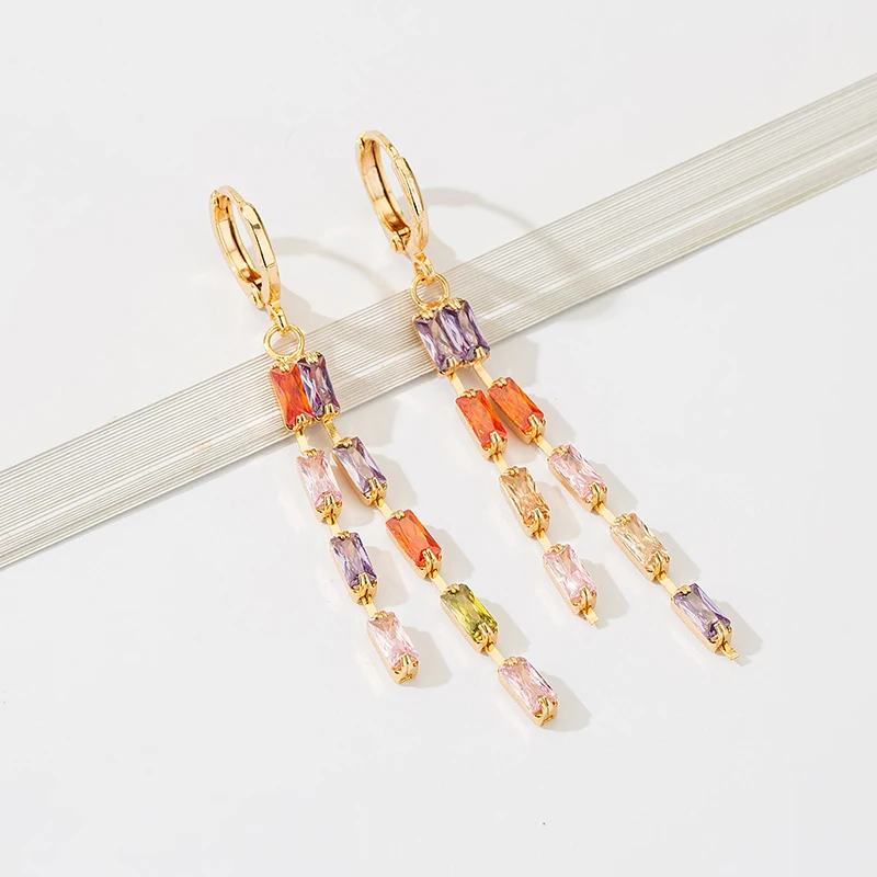 Модные женские длинные серьги-подвески с фианитами, винтажные Разноцветные кристаллы богемные серьги, новые трендовые висячие серьги