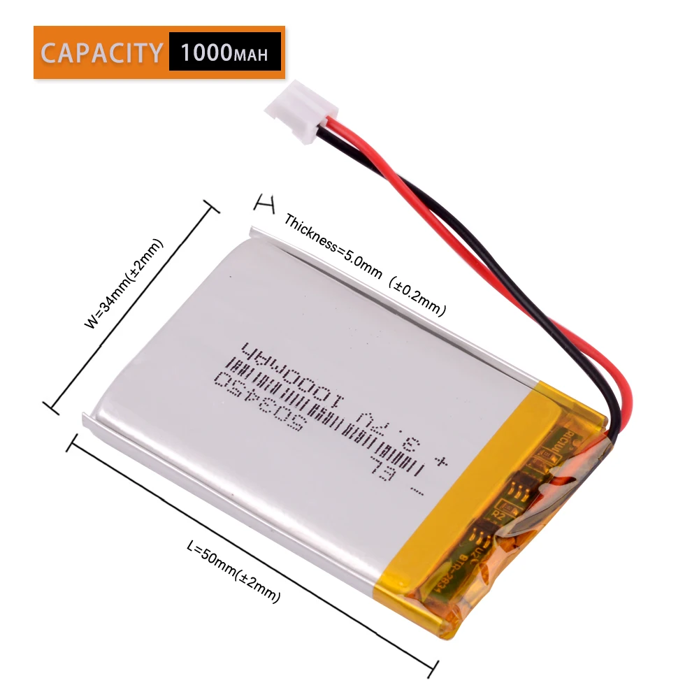 JST PH2.0 2pin3.7V 1000mAh 503450 Lithium Polymer Battery For headphones e-book pocketbook