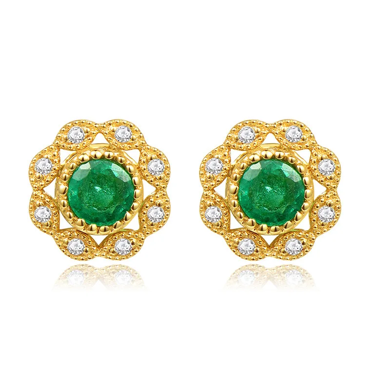 Natural Emerald Gemstone Stud Earring For Women Yellow Gold Plated Zircon Round Cut Green Birthday Anniversary | Украшения и