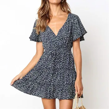 

Summer Beach Dress Boho Style Women Floral Print Chiffon Dress 2020 Sexy V-neck Short Sleeve A-line Mini Party Dress Vestidos