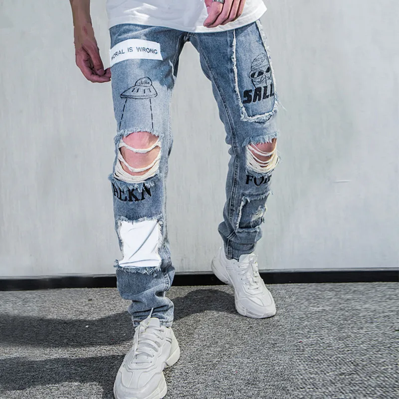 

Reflective Men Hip Hop Jeans Skinny Ripped Vintage Biker Jogger Distressed Hole Baggy Denim Slim Fit Casual Pants