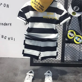 

2PCS boys striped summer clothing set kids white yellow fashion o-neck short sleeve t shirt and short set children clothes 2-7T