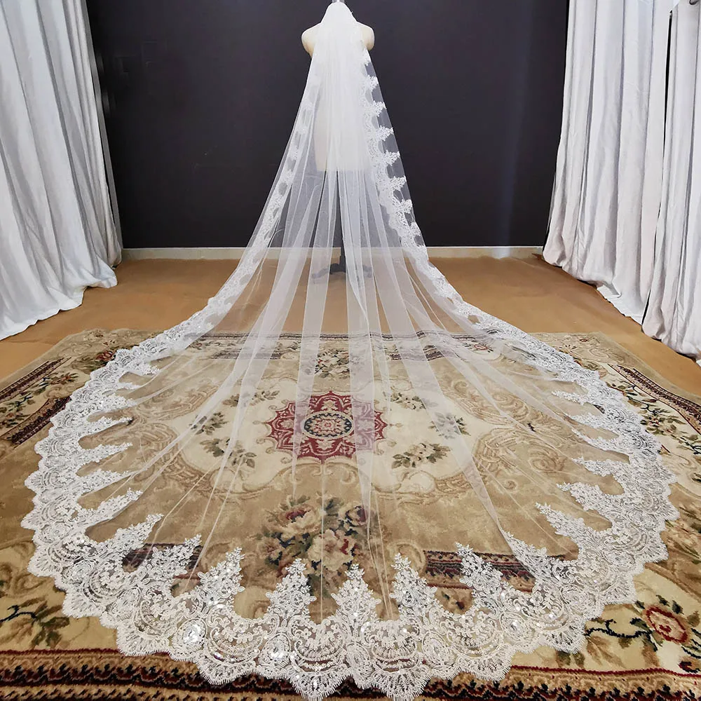 

Shine Sequins Lace Cathedral Wedding Veil with Comb 3.5 Meters Long 1 Layer White Ivory Bridal Veil Wedding Accessories