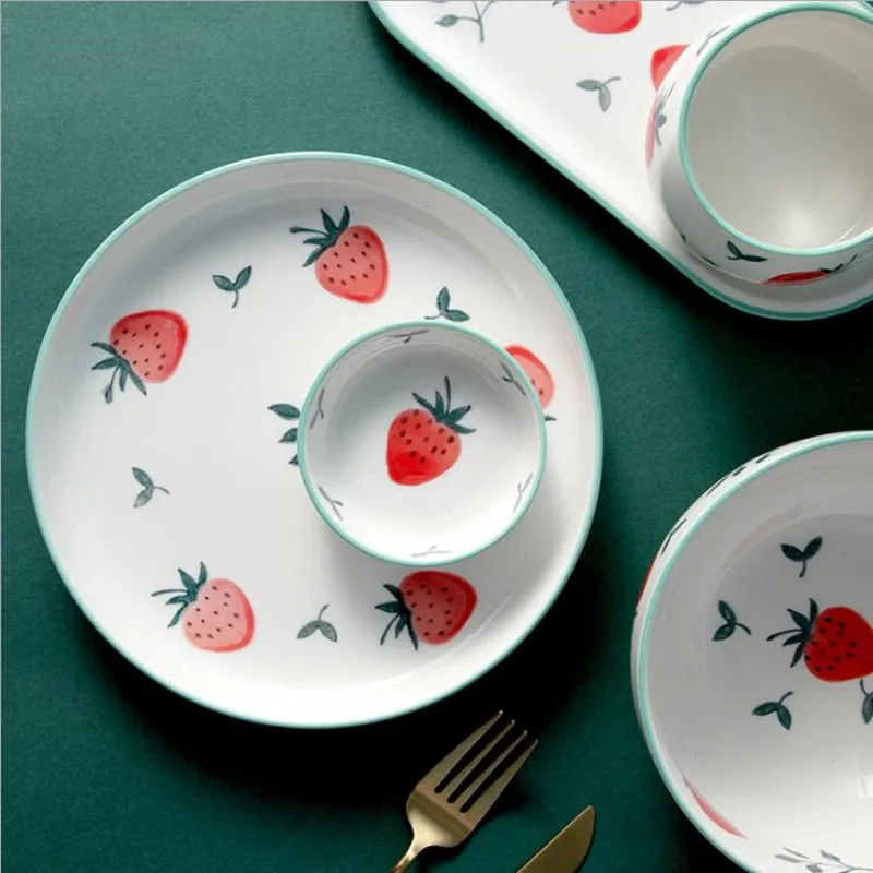 Cute Strawberry Kitchen Ceramic Plate Tableware Set Food Dishes Rice Steak Salad Noodles Bowl Soup Kitchen Cook Tool 1pc