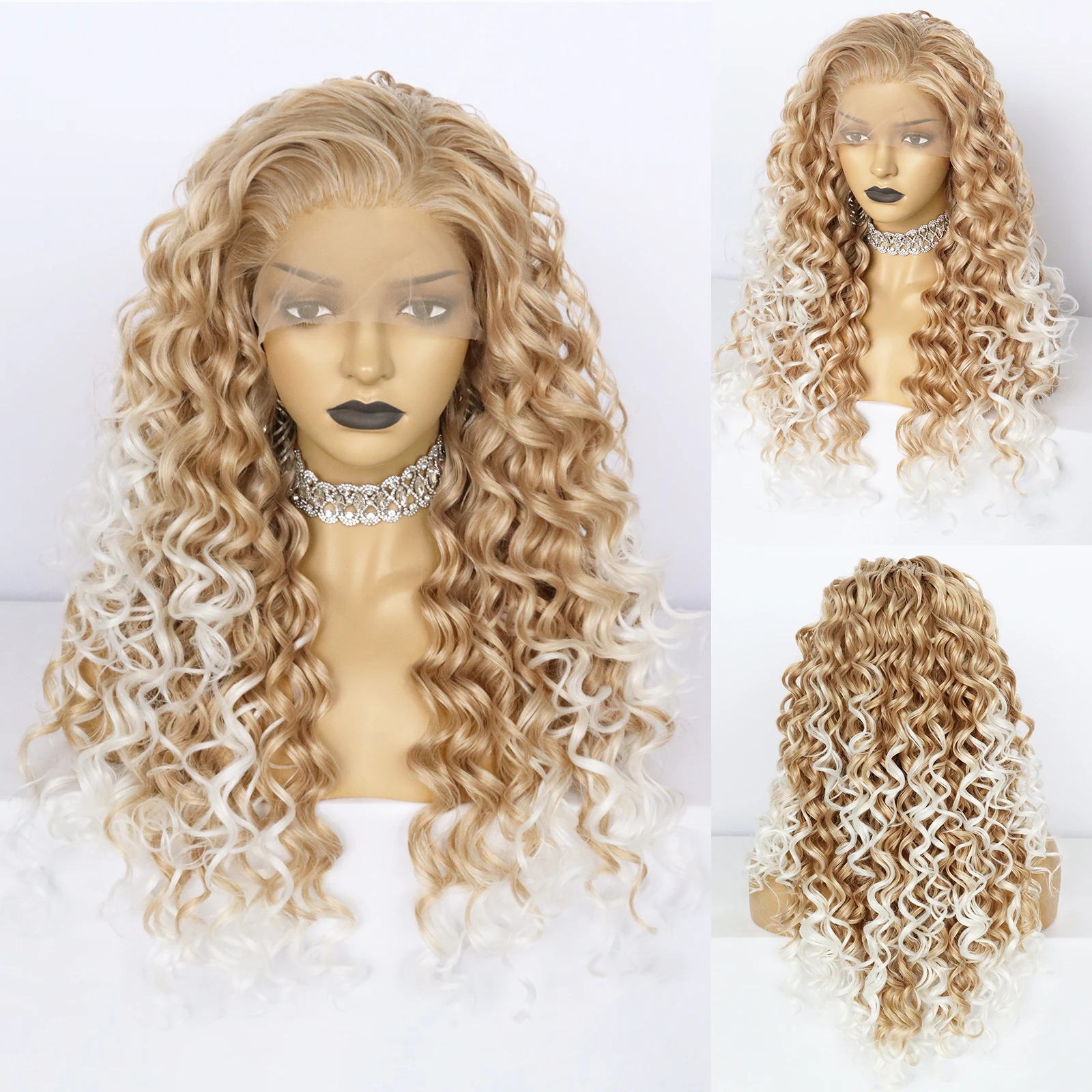 

27inch Lace Front Wig Heat Resistant Synthetic Wig Brown Deep Wave Curly Long Fiber Hair for Black Women Cosplay Party Gift