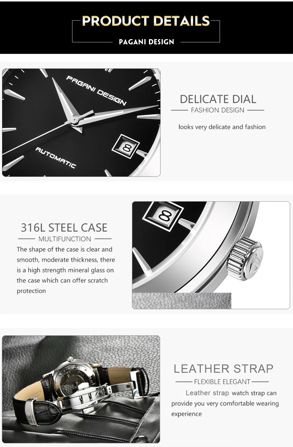 2021 New PAGANI DESIGN Luxury Men Mechanical Watches Business 100m Waterproof Clock Genuine Leather Automatic Watch Reloj Hombre