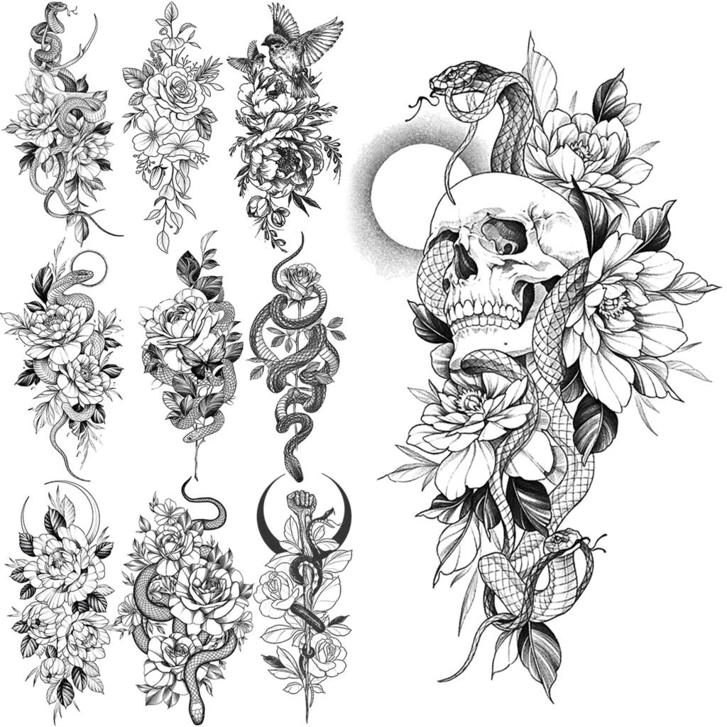 Black Skull Snake Flower Temporary Tattoos For Women Adults Realistic  Hummingbird Flora Fake Tattoo Sticker Small Arm Tatoos|Temporary Tattoos| -  AliExpress