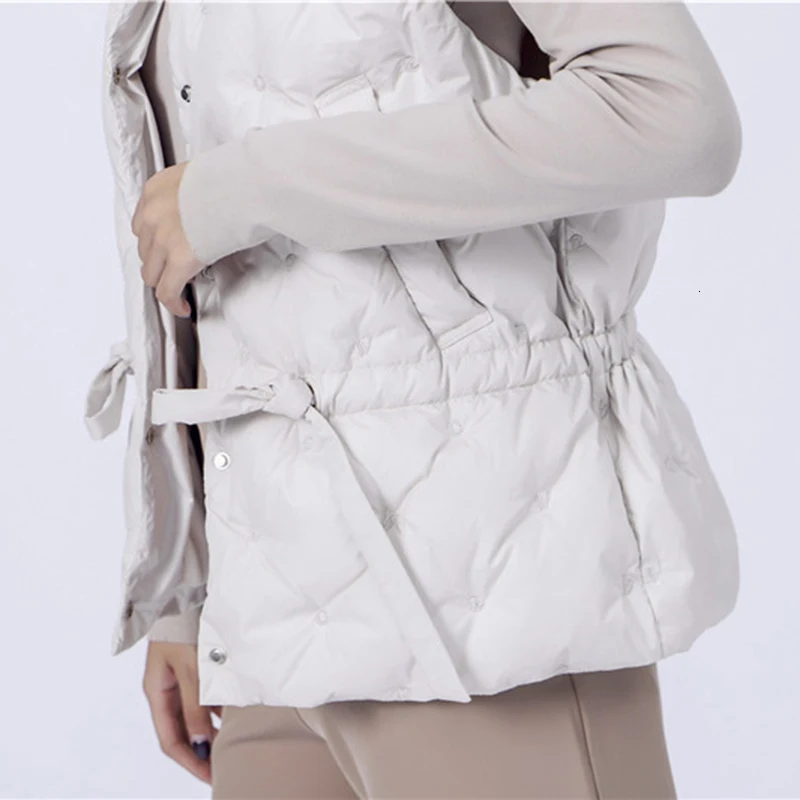 TWOTWINSTYLE White Drawstring Women's Vest Stand Collar Sleeveless Single Breasted Pocket Female Vests Fashion Winter New