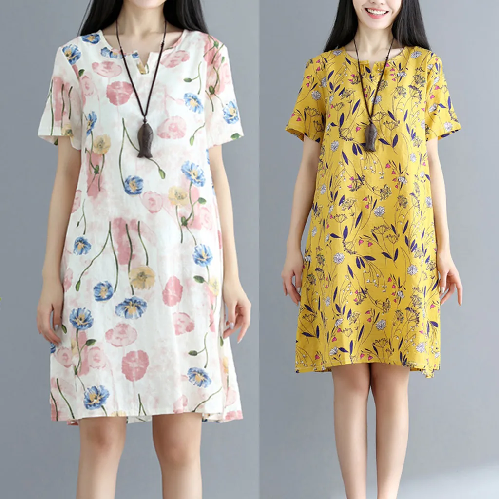 2019 Женское Платье До Колена летнее хлопковое льняное свободное платье с коротким