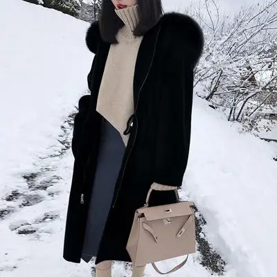 Black Мода плюс размер с капюшоном шерстяное пальто для женщин осень зима новое шерстяное пальто женская верхняя одежда свободная теплая шерстяная куртка повседневное пальто - Цвет: Black