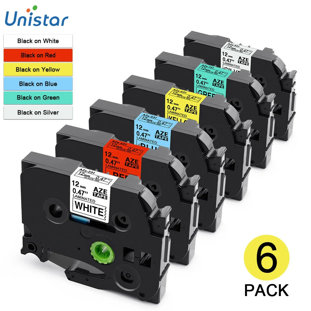 Unistar 6 шт TZe-231 12 мм совместимый для Brother P-touch ленты TZe131 TZe231 TZe431 TZe531 TZe631