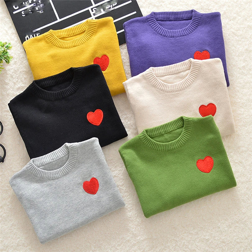 

Toddler Kids Solid Knitted Sweaters Heart-shaped Print Tops Baby Boy Girls Casual Warm Long Sleeved Pullover Clothes 12M-5T A20