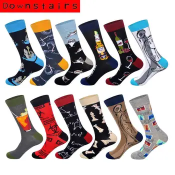 

Downstairs Newly Men Socks Beer Red Wine Juice Drink Clock Stamp Chess Dolphin Shark Pattern Men Socks