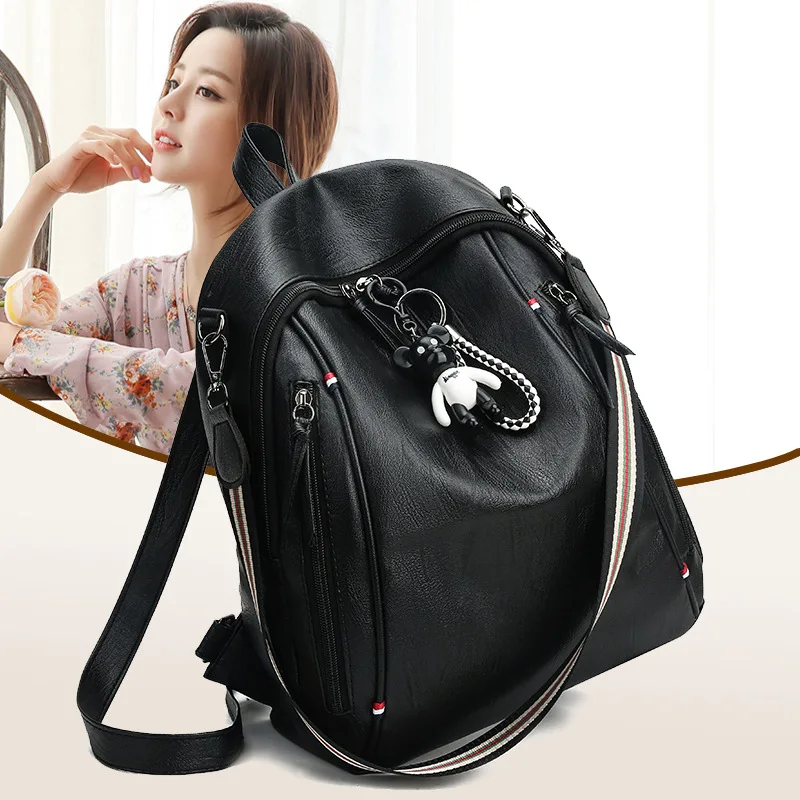 

2018 New Style WOMEN'S Bag Multi-functional Backpack Wide-Strap Shoulder Bag College Style Soft Leather Schoolbag Send Bear