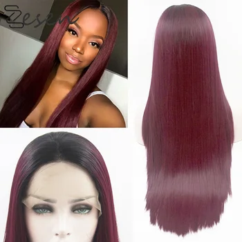 

Zesen Wine Red Straight Lace Front Wigs for Black Women 13*4 Lace Wig Long Synthetic Hair Wigs Heat Resistant With Baby Hai