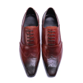 

men square toe Red Bullock carved formal shoes hot selling lace-up oxford Genuine leather party Business shoes