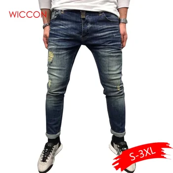 

2020 Mens New Skinny Ripped Hole Jeans Slim Fit Stretch Skinny Denim Pencil Pants Distress Frayed Biker Fashion Jeans