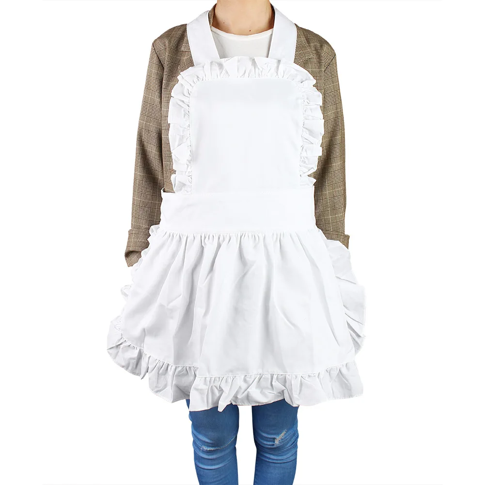 White Sleeveless Cotton Women Maid Apron Ruffle Hem Kitchen Garden Working Accessories Solid Color Apron