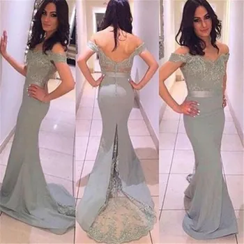 

Silver Gray Appliques Bridesmaid Dress Off the Shoulder Long Sheer Backless Prom Dresses 2020 Homecoming Graduation Guests Gowns