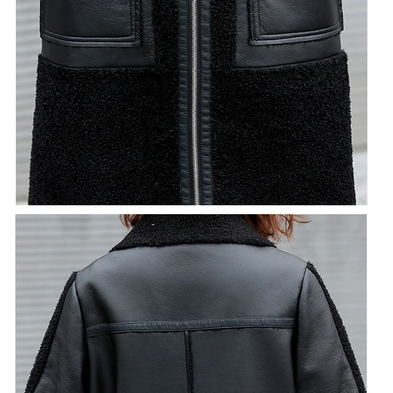 Winter Women Sheepskin Long Coats Thick Eco-leather Lambskin Wool Fur Big Pockets Jackets Splicing Black Motorcycle Outwear Hot