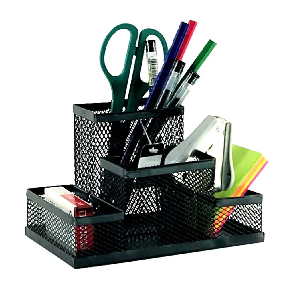 4-In-1 Desk Organizer Pencil Pen Holder Metal Hollow Mesh Wire Organizador De Escritorio Lapices Office Desk Accessories No Rust deli oficina organizador escritorio papeleria office metal mesh magazine holder student stationery organizer office accessories