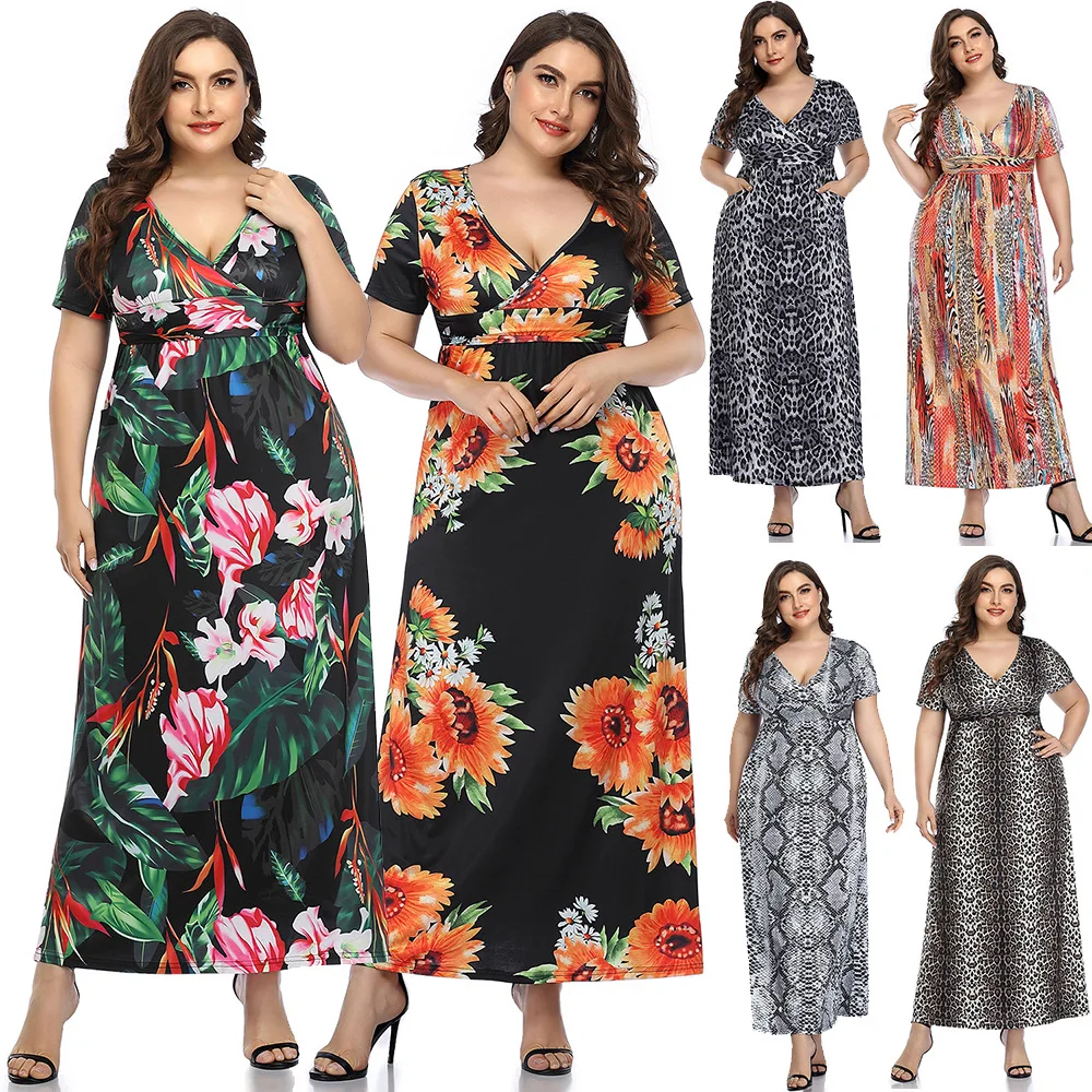 

Summer Beach Holiday Dress Women Casual Floral Print Elegant Boho Long Dress New V Neck Short Sleeve High Waist Sexy Party Robe