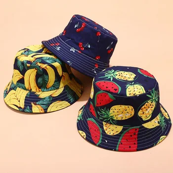 

[Rancyword] 2020 New Summer Unisex Beach Fisherman's Hat Canvas Fruit Pattern Double-sided Wearable Cap Leisure Sun warm windpr