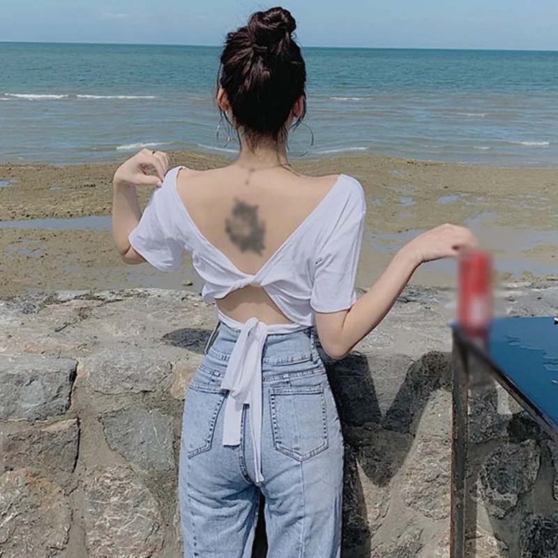 Women Backless T-shirt Sexy Back Bow Casual Tee Summer Short Sleeve Solid Color T Shirt Top2021 1