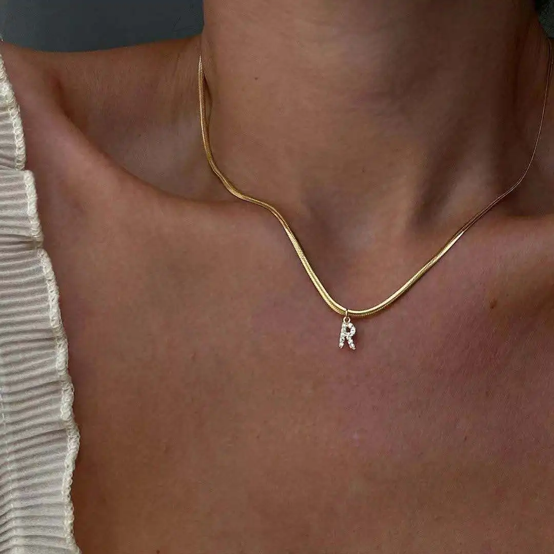 Initial Alphabet Letter Snake Herringbone Chain Pendant Choker Necklace 14K Yellow Gold Vermeil Personalised Stacking Gift | Украшения и
