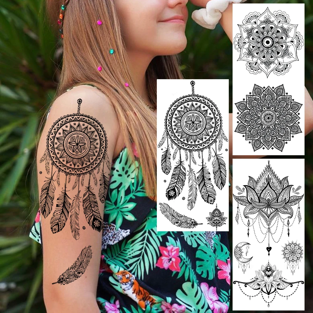 Dreamcatcher Temporary Tattoos For Women Sexy Mandala Flower Tattoo Henna  Mehndi Moth Jewelry Fake Tatoos India Lace Feather|Temporary Tattoos| -  AliExpress