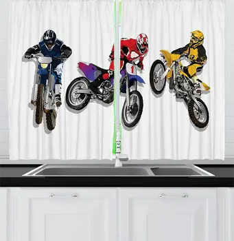 

Dirt Bike Kitchen Curtains Competitive Outdoor Sports Theme Off Road Racers on Colorful Racing Bikes Image Window Drapes