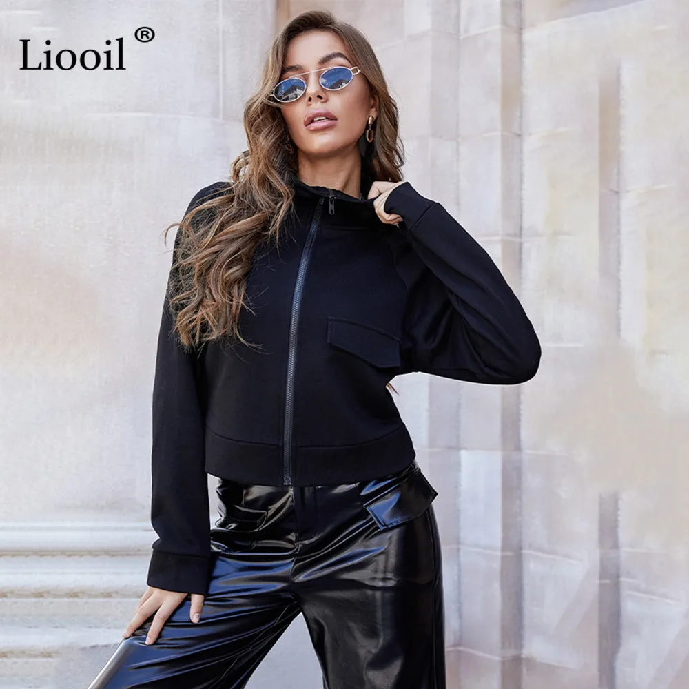 

Casual Short Coat And Jacket Women 2020 Zip Up Long Sleeve Turn-down Collar Women's Autumn Winter Clothing Black Cropped Coats