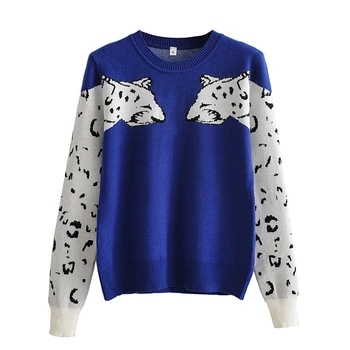 

Women’s Casual Long-sleeved Sweater Autumn Personality Leopard Pattern Round Neck Pullover Knitwear