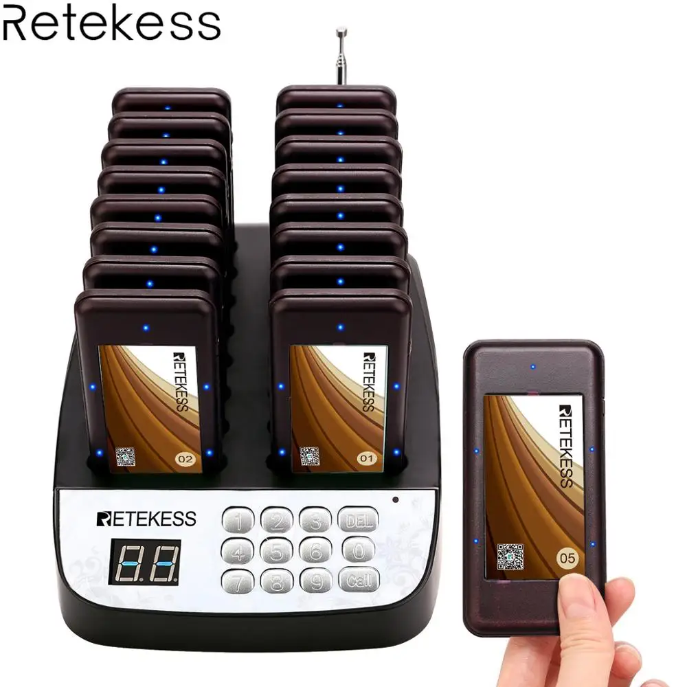 

Retekess T113 Restaurant Wireless Guest Paging Queuing System with 1 Transmitter + 16 Chargerable Pagers for restaurant coffee
