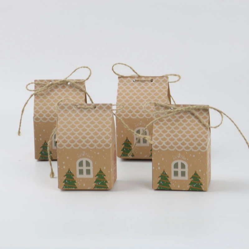 

5/10 House Shaped Christmas Box Gift Bags Kraft Paper Candy Cookies Box Merry Christmas Party Gift Box Packaging Home Decoration