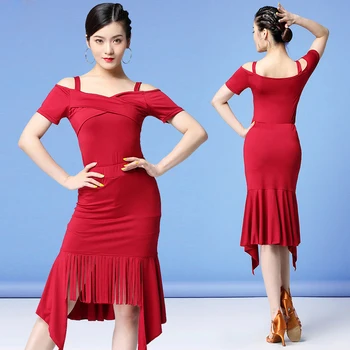 

New Fashion 2019 Women Dance Clothes Salsa Samba Sling Dress Off Shoulder Irregular Latin Costume (Top, Skirt, Under-shorts)