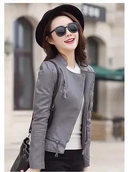 

New 2019 new women's short artificial leather jacket, stand collar, zipper women's jacket, new fashion jacket M-2XL