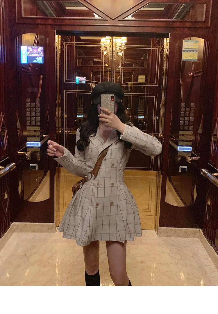 Фотосессия, Осенний корейский стиль, студенческий стиль, плиссированный, длинный рукав, талия, облегающий, для похудения, элегантный костюм, клетчатое платье