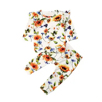 

CANIS Autumn Newborn Kids Baby Boys Girls Outfits Clothes Ruffles Sunflower Printed Tops+Pants Outfit Set