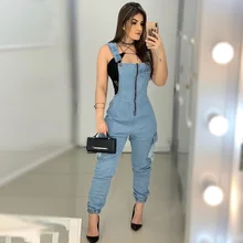

Denim Overalls Office Lady Zipper Pocket Casual Denim Jumpsuits Solid Colors Vintage Blue Strap Frayed Rompers 2021 Streetwear