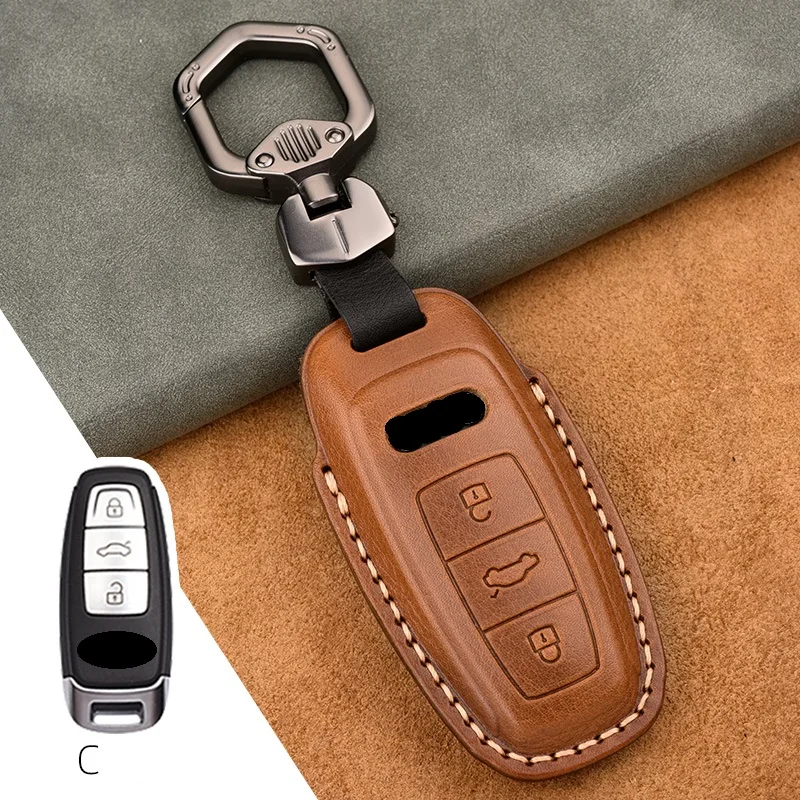 1Pcs Genuine Leather Car Remote Key Cover Case For Audi A6 C8 A7 A8 Q8