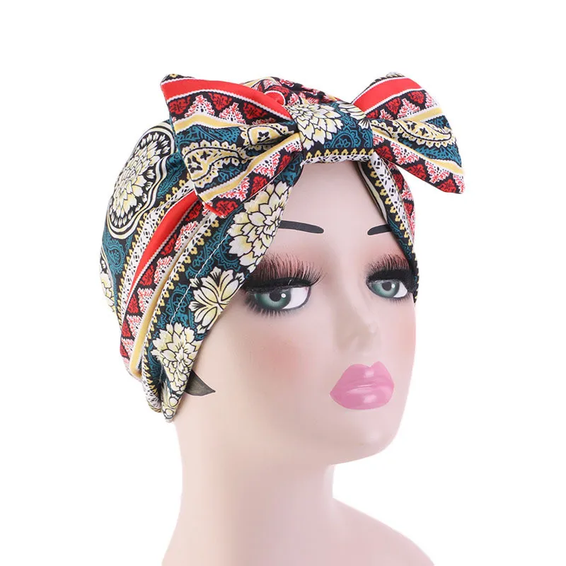 

Fashion Women Bowknot Bonnet Cap Muslim Print Cotton Turban Caps Hijab Femme Musulman Bow Headwraps Ladies Head Scarf Hat
