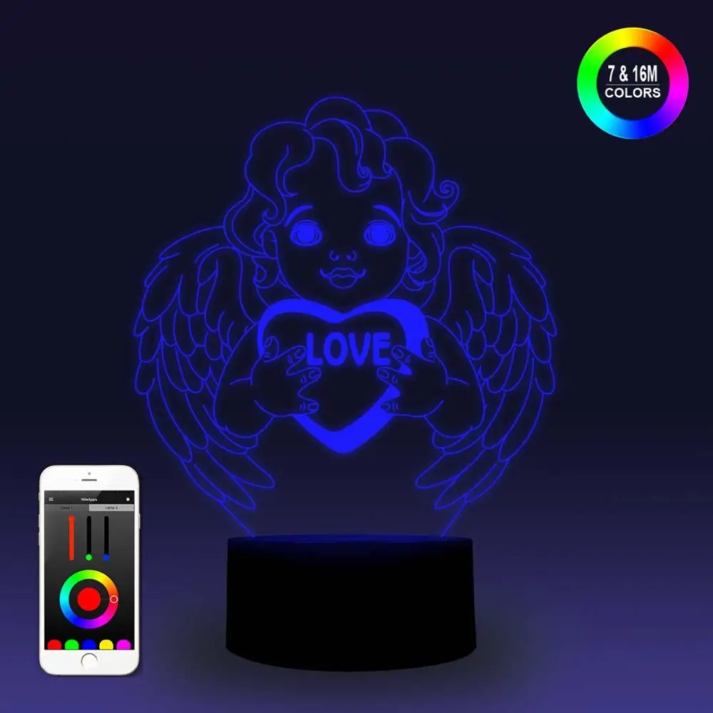 NiteApps 3D Ангел с сердцем ночник настольная Иллюзия украшение лампа подарок на день рождения приложение/сенсорный контроль